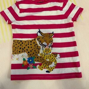 Mini Boden Pink and White Striped Tee with Leopard Design